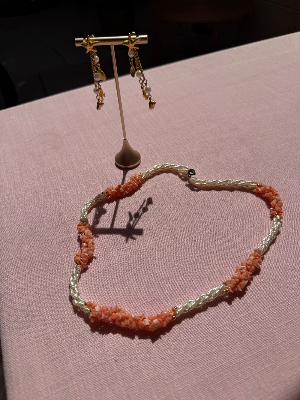 Vintage Natural Coral & Freshwater Pearl Multi-strand necklace and Avon earrings